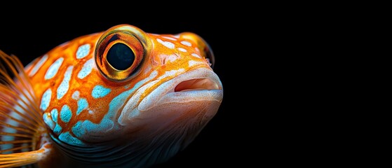  A tight shot of an orange-and-white-striped fish against a black backdrop