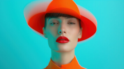 A stunning fashion portrait featuring a model in a vibrant orange hat against a bright blue background, showcasing bold colors.