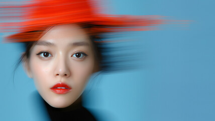 A stunning portrait of a woman in a vibrant red hat, captured with a blur effect against a calming blue background.