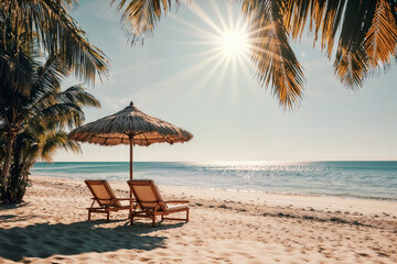 Empty sunbeds and palm trees on a stunning tropical beach with the sun shining background
