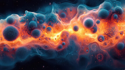 Obraz premium A digital artwork reimagining bacteria as vibrant, dynamic shapes, resembling microscopic views.