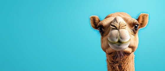  A tight shot of a camel's face against a blue background Background includes a blue sky