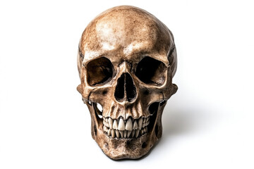 Obraz premium Realistic Human Skull on White Background with Dramatic Lighting