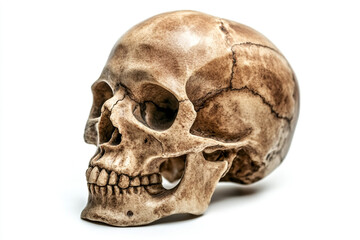 Fototapeta premium Realistic Human Skull on White Background with Dramatic Lighting