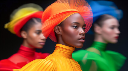 Vibrant portrait of models showcasing colorful fashion with striking hats and bold colors, emphasizing style and creativity.