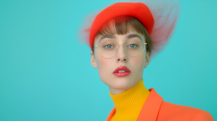 A vibrant fashion portrait of a woman in colorful attire against a bright turquoise background, showcasing bold style and expression.
