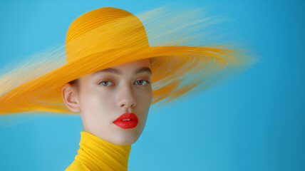 A striking beauty portrait featuring a model in a vibrant yellow hat against a vivid blue background, showcasing style and elegance.
