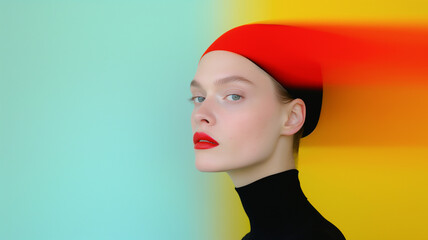 A fashion model poses against a vibrant backdrop, showcasing bold colors and contemporary style with striking makeup.