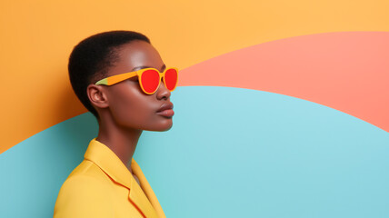 A stylish woman wearing bright sunglasses and a vibrant yellow outfit against a colorful geometric background.