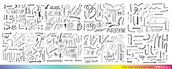 cute vector set of hand-drawn arrows,Hand drawn set of speech bubbles with handwritten,
doodle arrows for graphic and web design