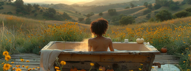black , african american woman in outdoor bath in blurred autumn background. take care of yourself, unity with nature concept. moments of relax. banner
