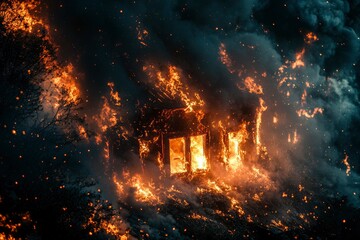 A House Engulfed in Flames with Smoke and Embers Filling the Air