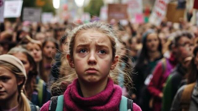 Close-up of a sad girl standing alone among a crowd of protesters. A serious girl at the demonstration. A crowd of protesters at a demonstration. A child among the protesters.