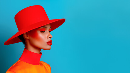 A stylish model in a bold red hat poses against a vibrant blue background, showcasing fashion and creativity.