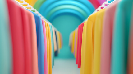 Vibrant clothing rack filled with colorful garments. A visually appealing arrangement showcasing a spectrum of hues.