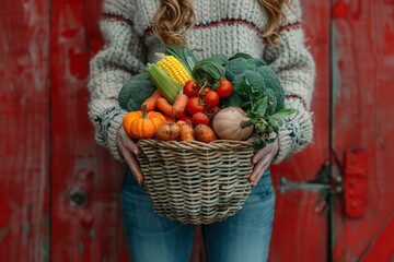 woman's hands hold basket of autumn harvest with pumpkins, corn, carrots and potatoes on red wood background. fall and crop aesthetic.
