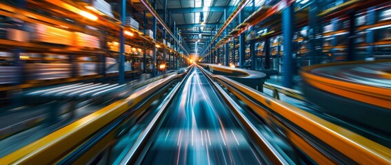 Fototapeta premium A dynamic warehouse conveyor belt with motion blur and lighting effects, capturing the fast-paced operation of a logistics environment.