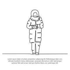 Continuous line design of a girl on holiday in winter. Single line decorative element drawn on white background.