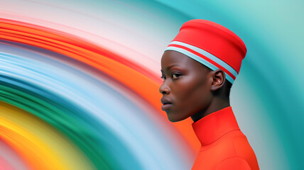 A vibrant portrait of a person in a striking red outfit, set against a colorful abstract background, expressing boldness and creativity.