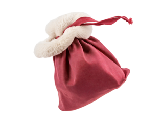 photo of a soft cotton Christmas gift sack with fluffy trim floating in mid-air on isolated background
