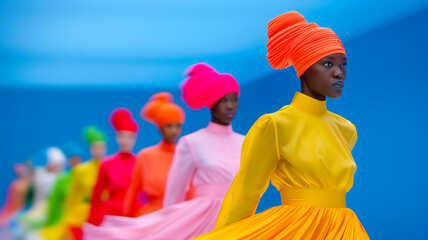 Colorful fashion runway showcasing diverse models in vibrant outfits and headwear under a bright blue backdrop.