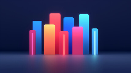 Colorful data visualization with glowing bars representing growth and progress in technology and business analytics.