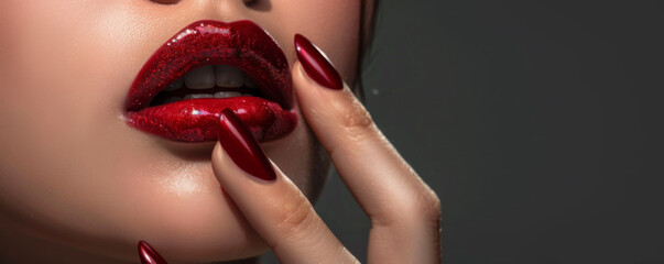 Obraz premium Glamorous Red Lips and Glossy Nails Close-Up