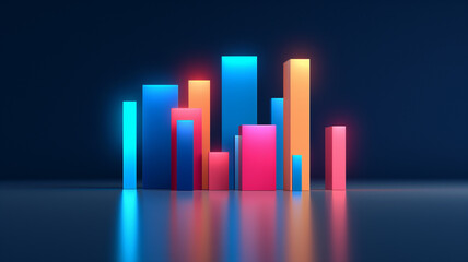 Vibrant 3D bar chart with colorful columns reflecting on a surface, representing data visualization and analytical growth.