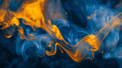 abstract golden yellow ink storm artwork, abstract illustration of ink flowing in the midnight blue water, creating an abstract design with fluid shapes and splashes of color