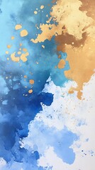 Abstract blue, white, and gold paint splatter background