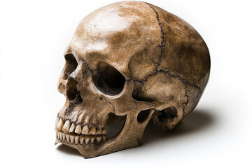 Realistic Human Skull on White Background with Dramatic Lighting