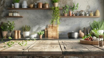 A rustic wooden podium set against a kitchen backdrop, the platform bathed in natural light, creating a warm and inviting stage for a gourmet food product display