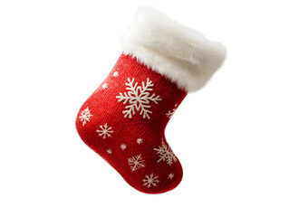 photo of a soft cotton Christmas stocking with fluffy texture and snowflake pattern floating in mid-air on isolated background
