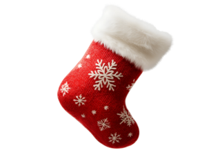 photo of a soft cotton Christmas stocking with fluffy texture and snowflake pattern floating in mid-air on isolated background
