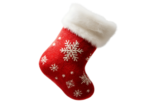 photo of a soft cotton Christmas stocking with fluffy texture and snowflake pattern floating in mid-air on isolated background
