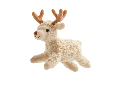 photo of a soft cotton mini reindeer doll with fluffy texture floating in mid-air on isolated background

