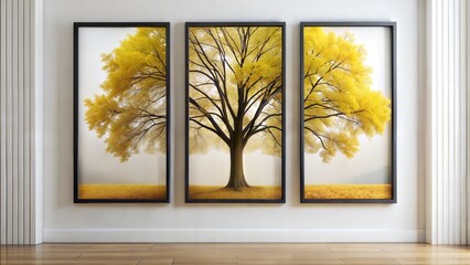 set of four vertical poster with black frame, minimalist large old   tree with branches and  painting yellow leaf 3d art , white clean background 