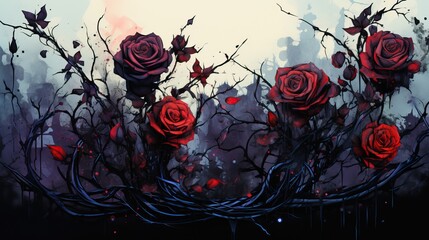 A striking digital artwork featuring vivid red roses entwined in dark thorns, evoking a sense of beauty and mystery.