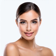 Obraz premium A captivating photo of a woman's face with glowing, healthy skin, isolated on a white background, highlighting her pure and flawless complexion