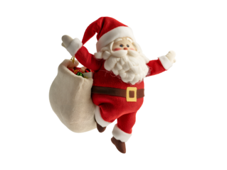 photo of a soft cotton Santa Claus doll carrying a Christmas gift bag floating in mid-air on isolated background

