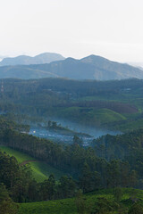 Naklejka premium Mountain ranges covered in fog in Munnar which is one of the beautiful and romantic tourist locations in Kerala, India. Clicked on 08-22-2023