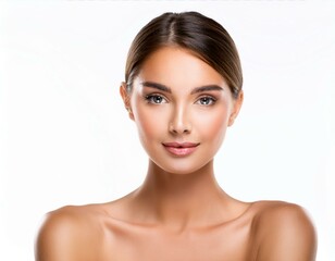 Obraz premium A captivating photo of a woman's face with glowing, healthy skin, isolated on a white background, highlighting her pure and flawless complexion