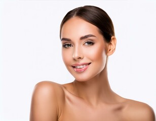 Obraz premium A captivating photo of a woman's face with glowing, healthy skin, isolated on a white background, highlighting her pure and flawless complexion