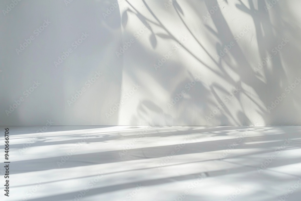 Poster sunlight casts delicate shadows of leaves on a white wall and floor, creating a minimalist backdrop.