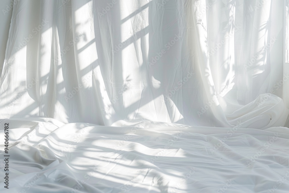 Aufkleber sunlight streams through a sheer curtain, casting soft shadows on a white bed sheet.
