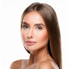 Fototapeta premium A captivating photo of a woman's face with glowing, healthy skin, isolated on a white background, highlighting her pure and flawless complexion