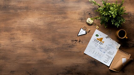 A workspace scene featuring documents, a coffee cup, and a plant on a wooden table.