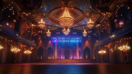 Obraz premium Illuminated Event Hall with a Stage, Ornate Ceiling, and Hanging Chandeliers