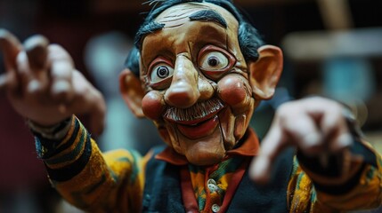 A close-up of a ventriloquist's hands skillfully manipulating a puppet, showcasing intricate details of the craftsmanship