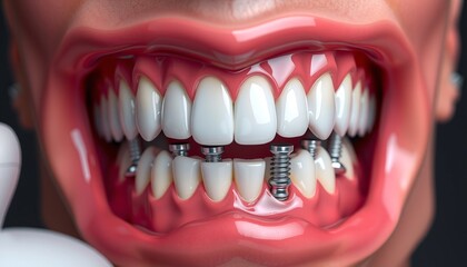 A close-up of a detailed artificial denture, showcasing its realistic teeth and gum texture. The thick layers of oil paint emphasize the smooth, polished surfaces and intricate details of the dental a